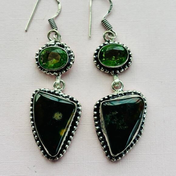 925 Sterling Bloodstone & Peridot  Dangle Earrings - Picture 2 of 6